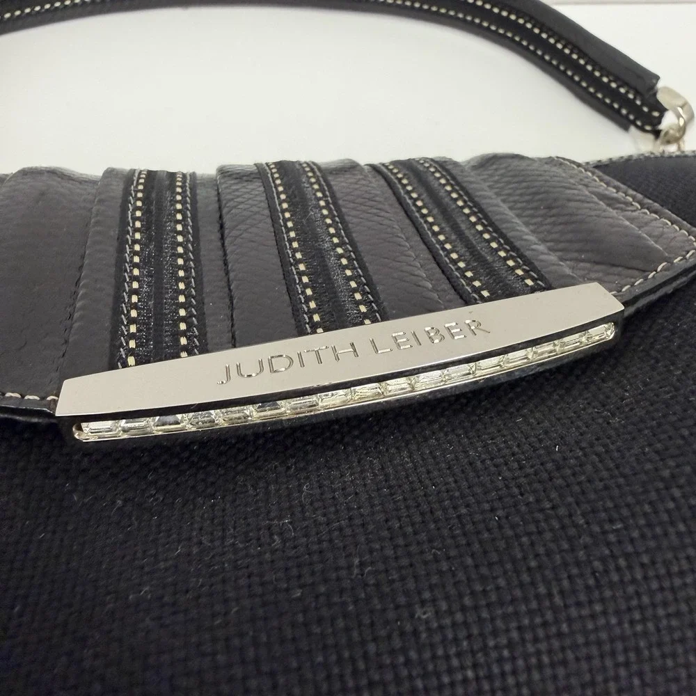 Judith Leiber Snakeskin and Fabric Purse Black Crystals Trim Mirror Change Pouch